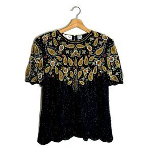 Vtg Laurence Kazar Black Silk beaded Sequin Beaded blouse size large glam